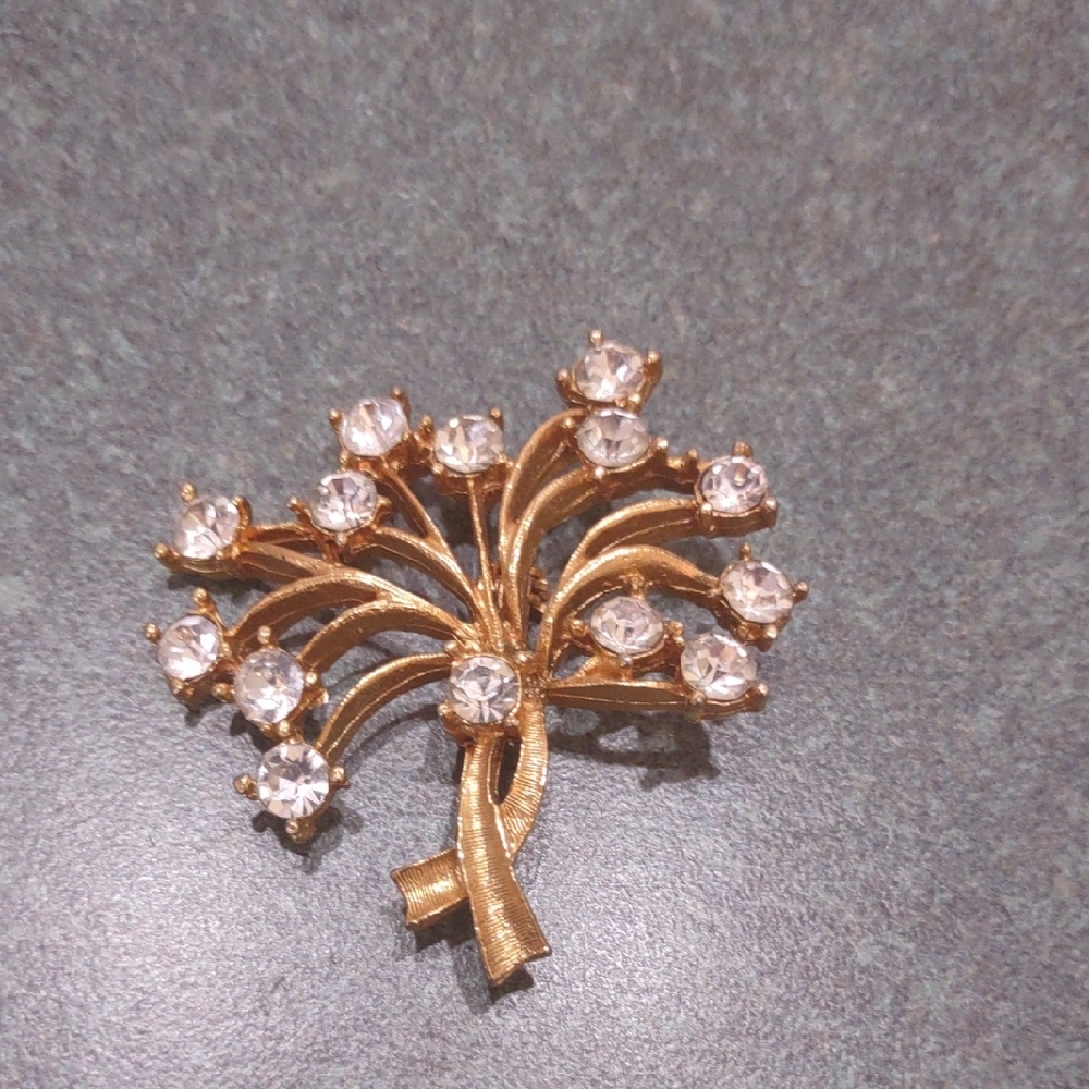 Gold Tone Tree Brooch with Rhinestones